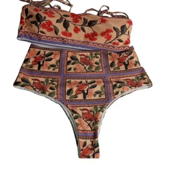 Unbranded Womens High Waist Bandeau Bikini Pink Combo Bird Floral M New - Picture 4 of 6
